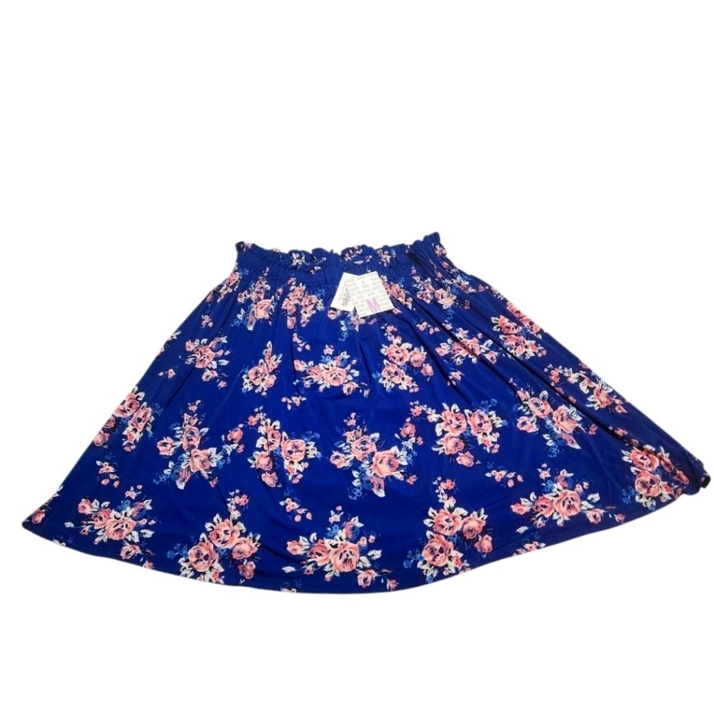 NWT LuLaRoe Sophia Ruffle Smock Skirt Blue Pink Floral Size M Lightweight Travel